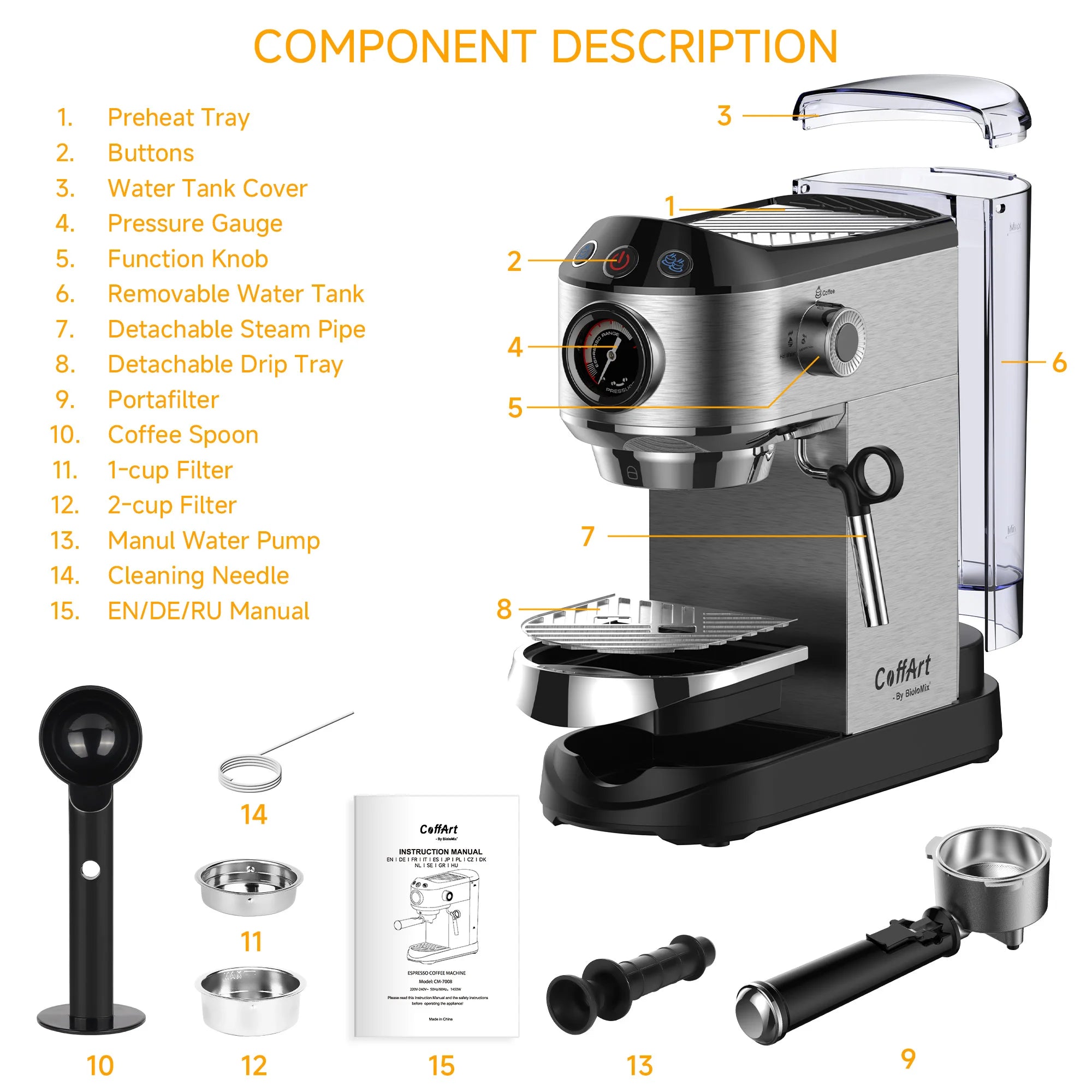 BioloMix 20 Bar Stainless Steel Semi-Automatic Coffee Machine with Milk Frother Wand for Espresso Cappuccino And Powder Coffee