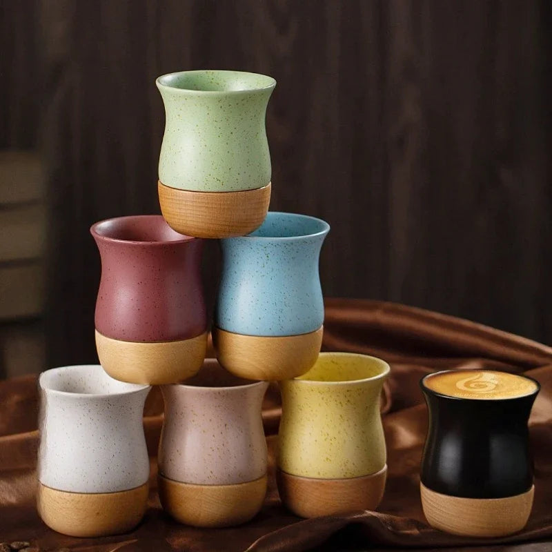 Mug à café vintage en grès avec soucoupe en bois - Céramique artisanale