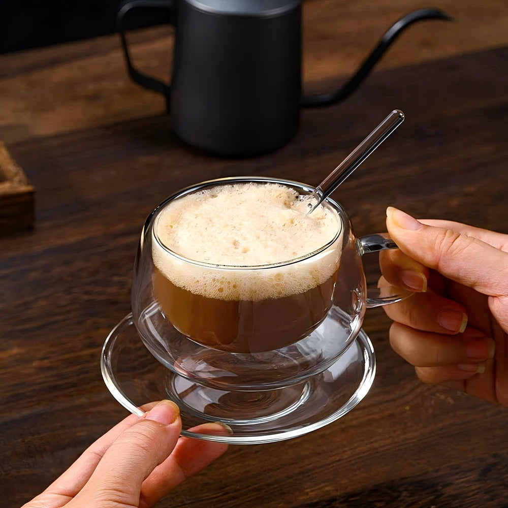 Tasse à café en verre à double paroi avec cuillère Ensemble de tasses à lait transparentes et résistantes à la chaleur