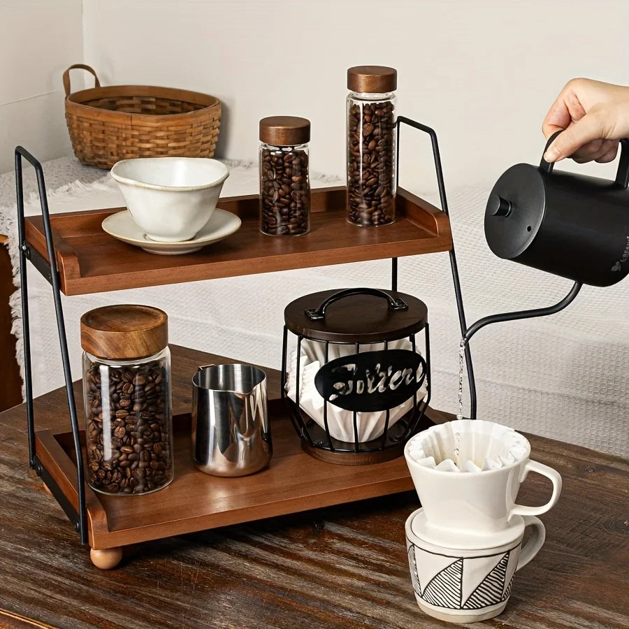 Organisateur de bar à café de ferme, étagère de comptoir en bois et métal pour la cuisine