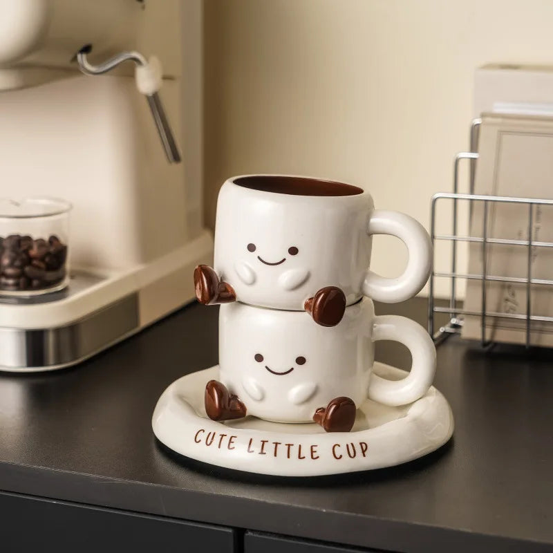 Tasse à café en céramique mignonne avec soucoupe motif smiley dessin animé créatif
