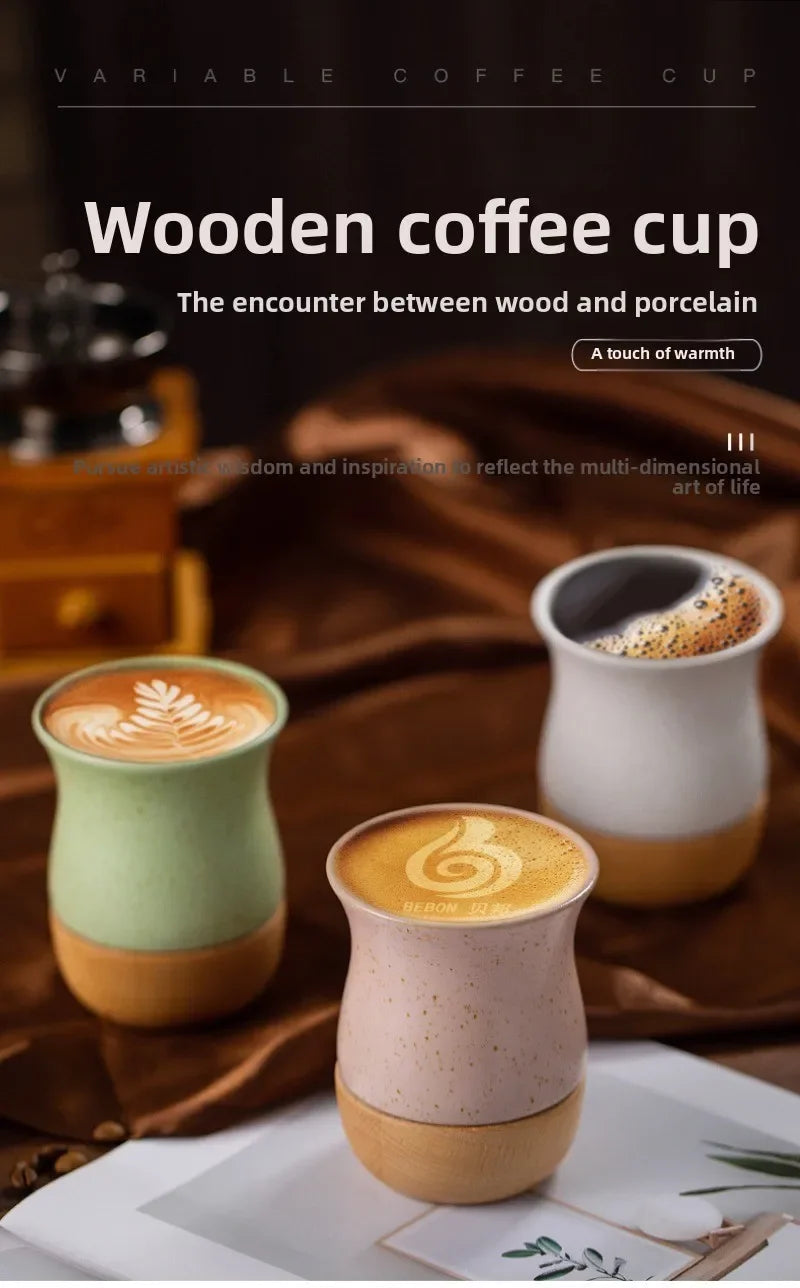 Mug à café vintage en grès avec soucoupe en bois - Céramique artisanale