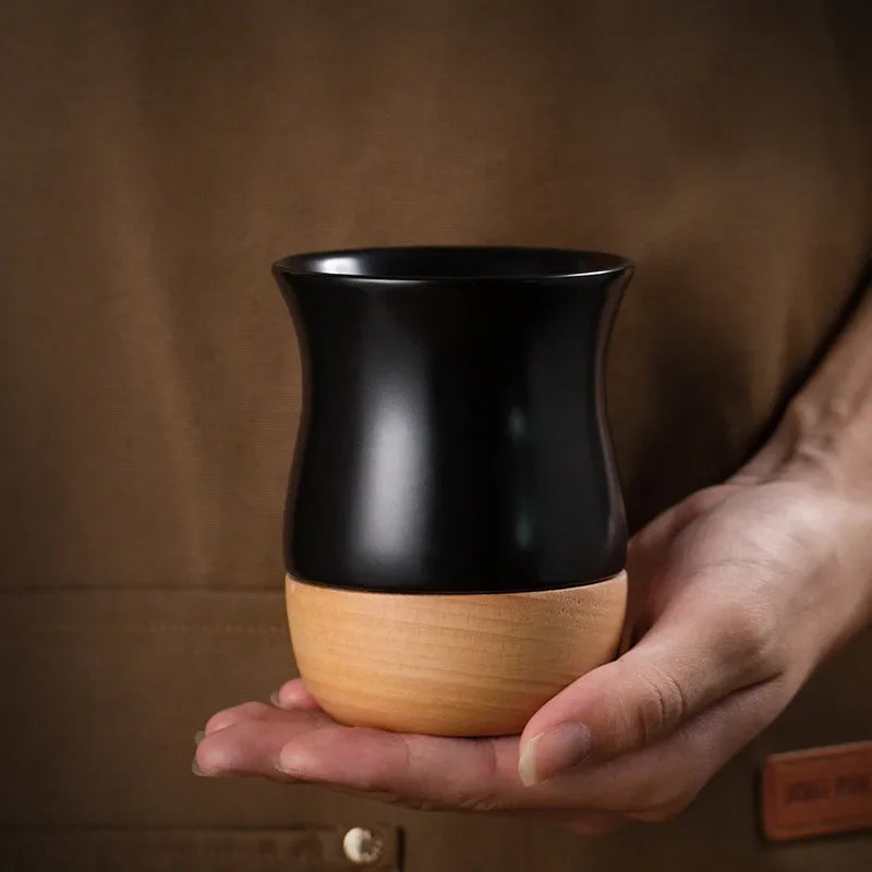 Mug à café vintage en grès avec soucoupe en bois - Céramique artisanale