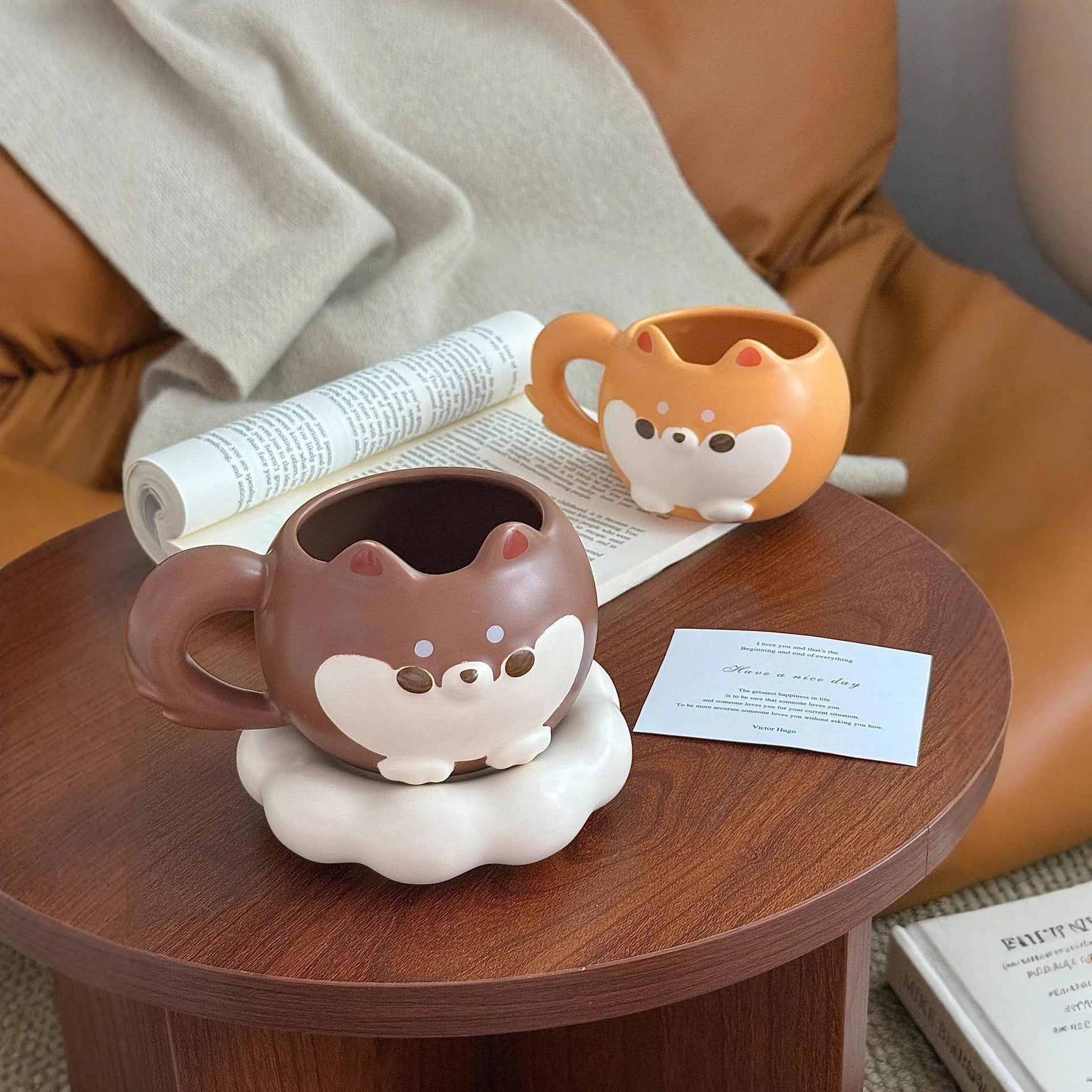 Mug en céramique mignon de Shiba Inu de dessin animé avec couvercle et cuillère, de grande valeur, mignon et amusant