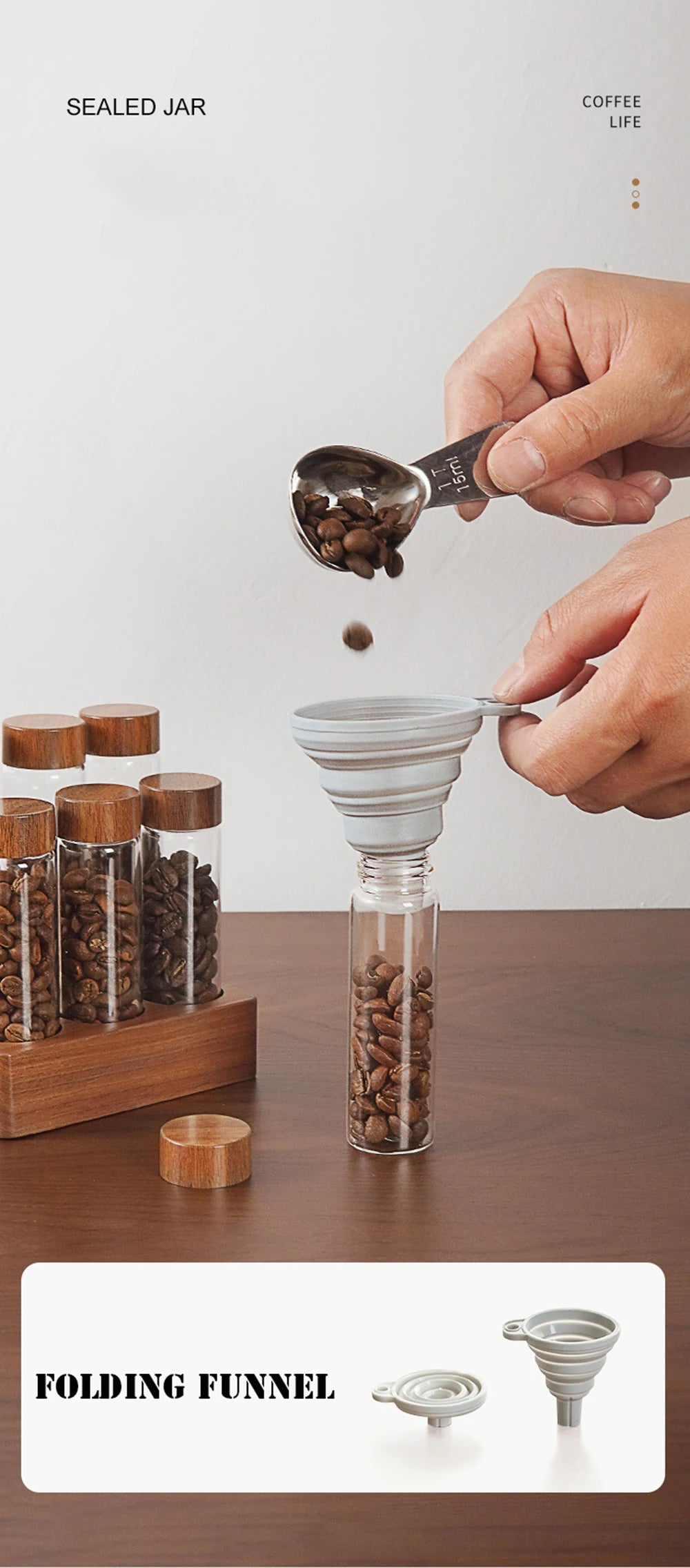 Présentoir de rangement pour grains de café en noyer, tube à thé, bouteille en verre