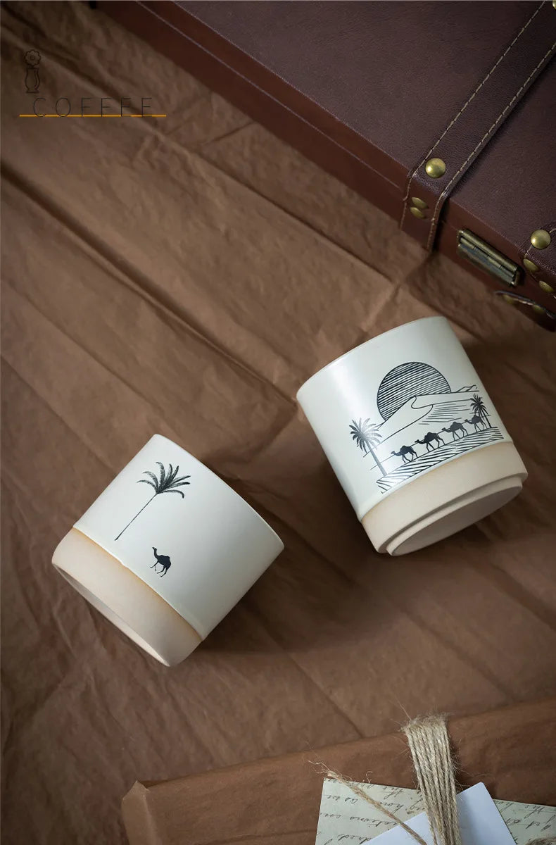 230ML Tasse Rétro en Poterie Grossière Style Moyen-Orient Arbre à Palmiers Arabe Chameau Thé