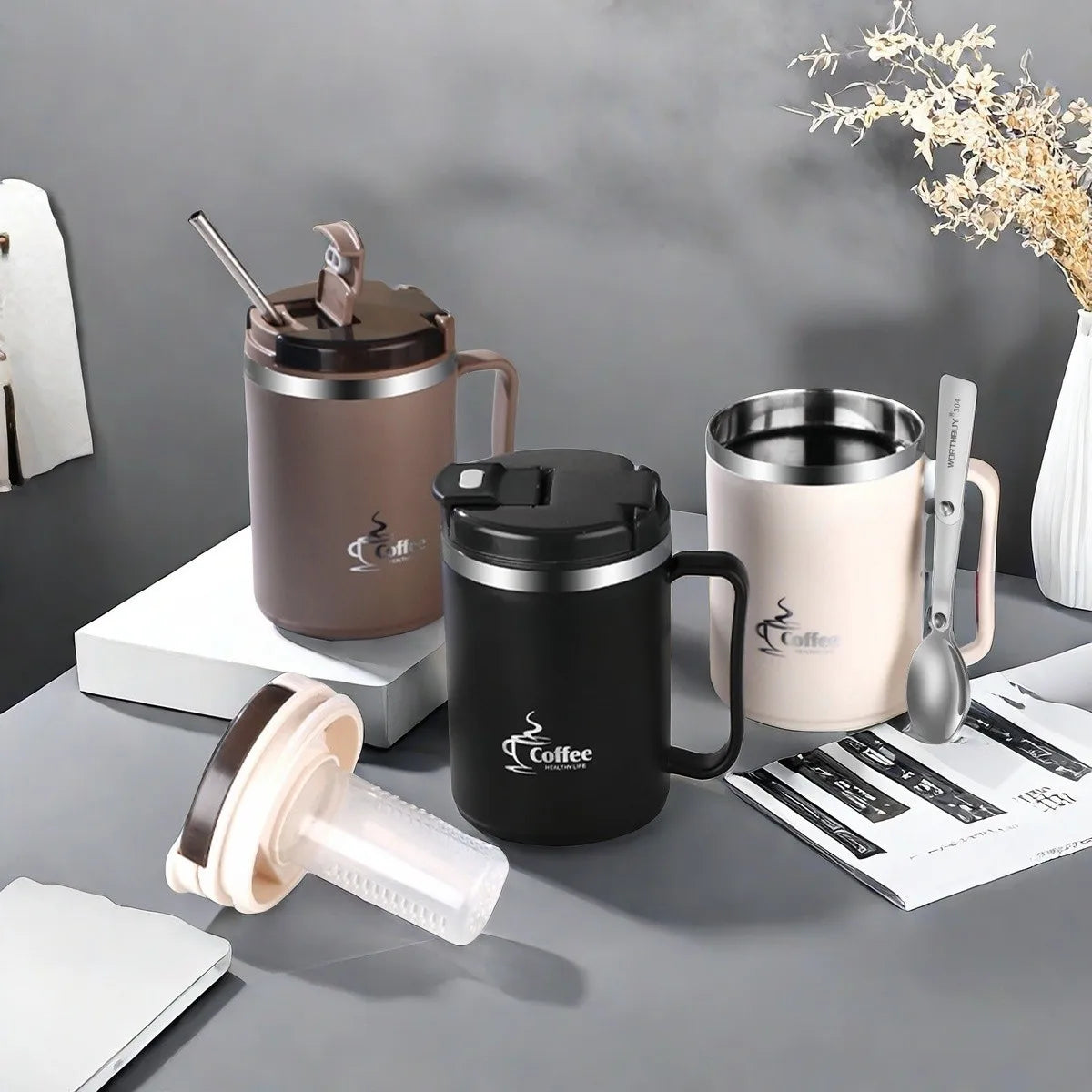 Mug Isotherme avec Cuillère Passoire Portable Grande Capacité Tasse à Café