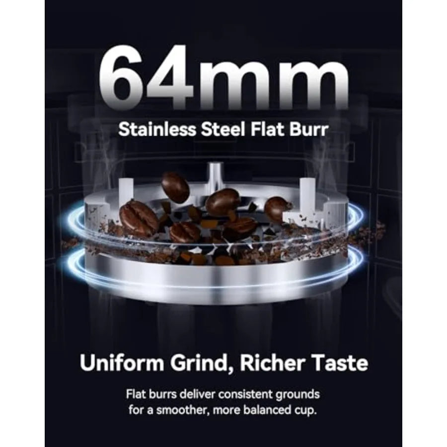 Professional 64mm Flat Burr Coffee Grinder with 100 Grind Settings All-Metal Stainless Steel Body Adjustable Electronic Timer A