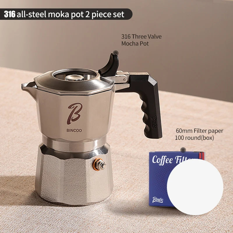 Bincoo Cafetière Mocha à Trois Valves en Acier Inoxydable 316, à Pression Concentrée