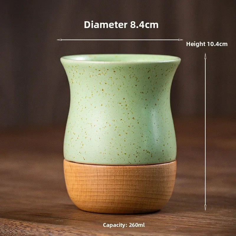 Mug à café vintage en grès avec soucoupe en bois - Céramique artisanale