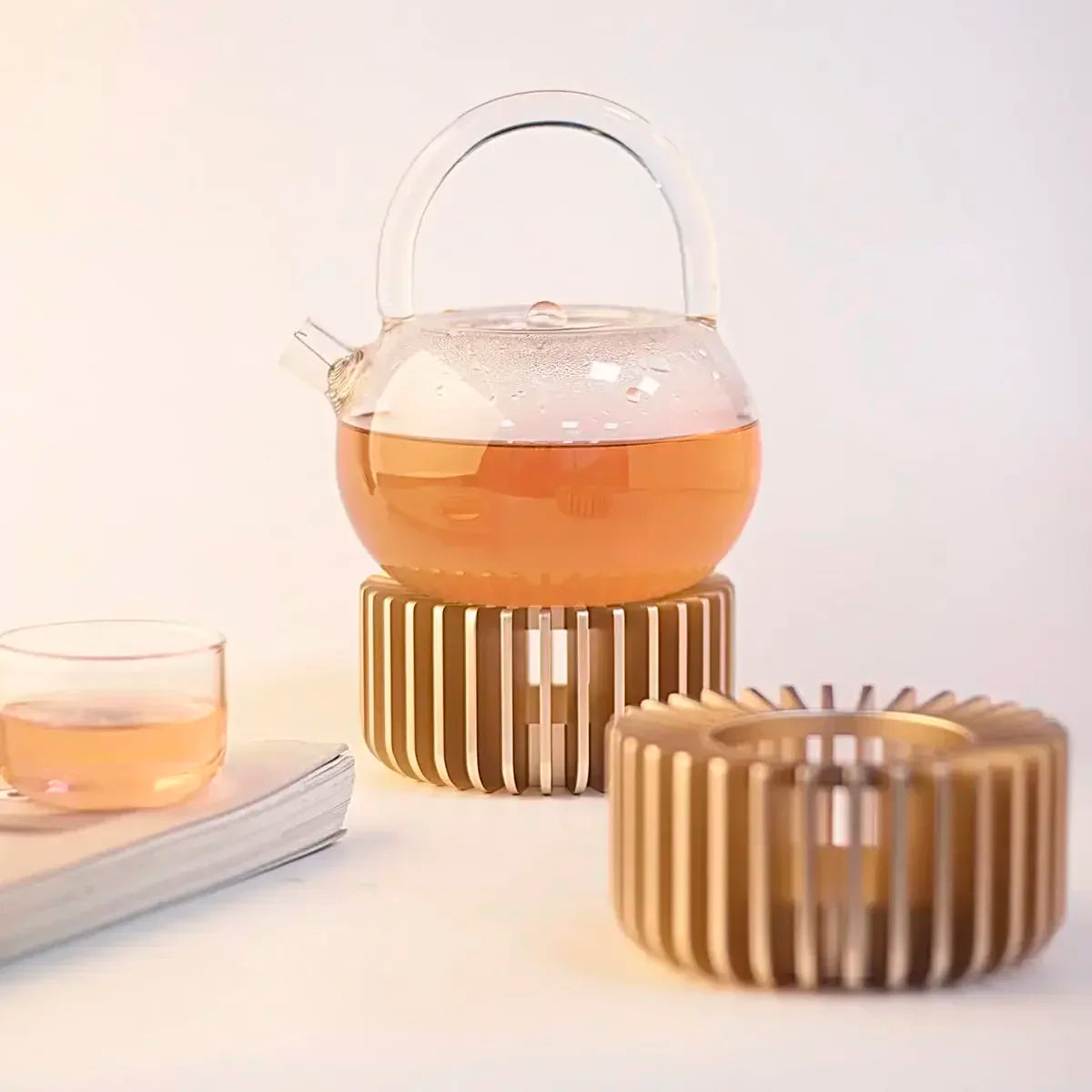 Chauffe-théière en alliage d'aluminium creux doré, chauffe-cafetière à bougie