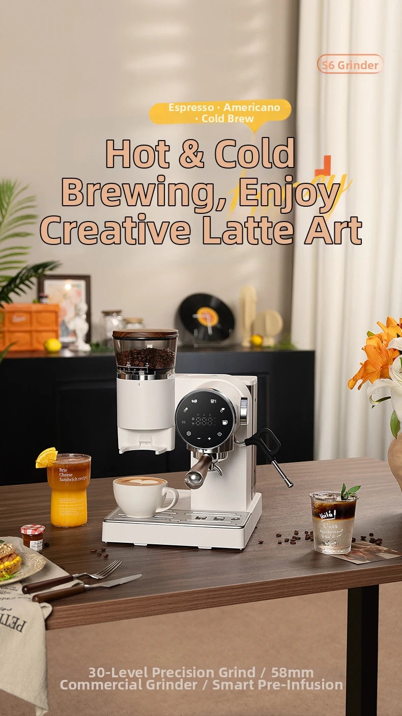 2-in-1 Coffee Machine with Grinder & Milk Frother - 15Bar Espresso Maker for Hot/Iced Coffee Grinding Degree Adjustment Office