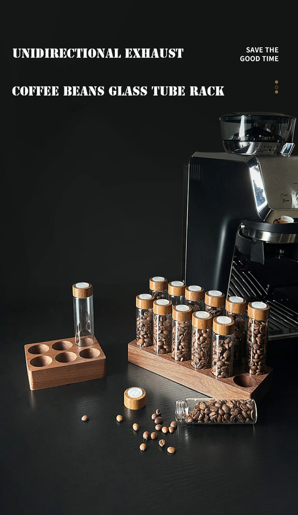 Présentoir de rangement pour grains de café en noyer, tube à thé, bouteille en verre