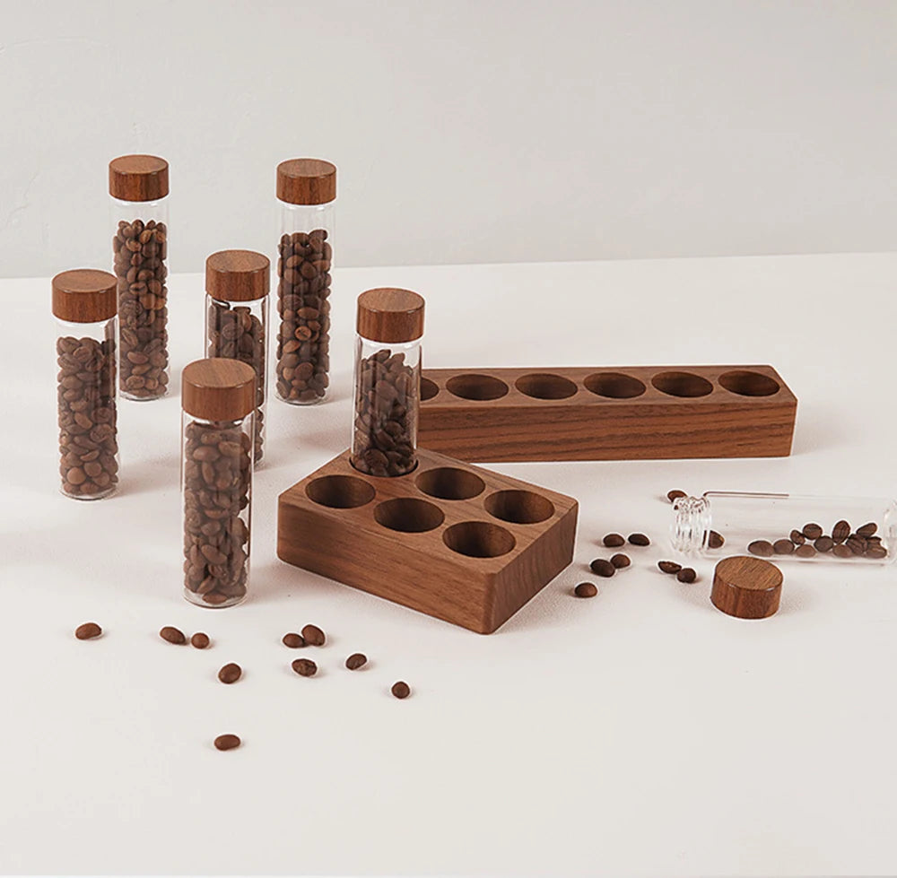 Présentoir de rangement pour grains de café en noyer, tube à thé, bouteille en verre