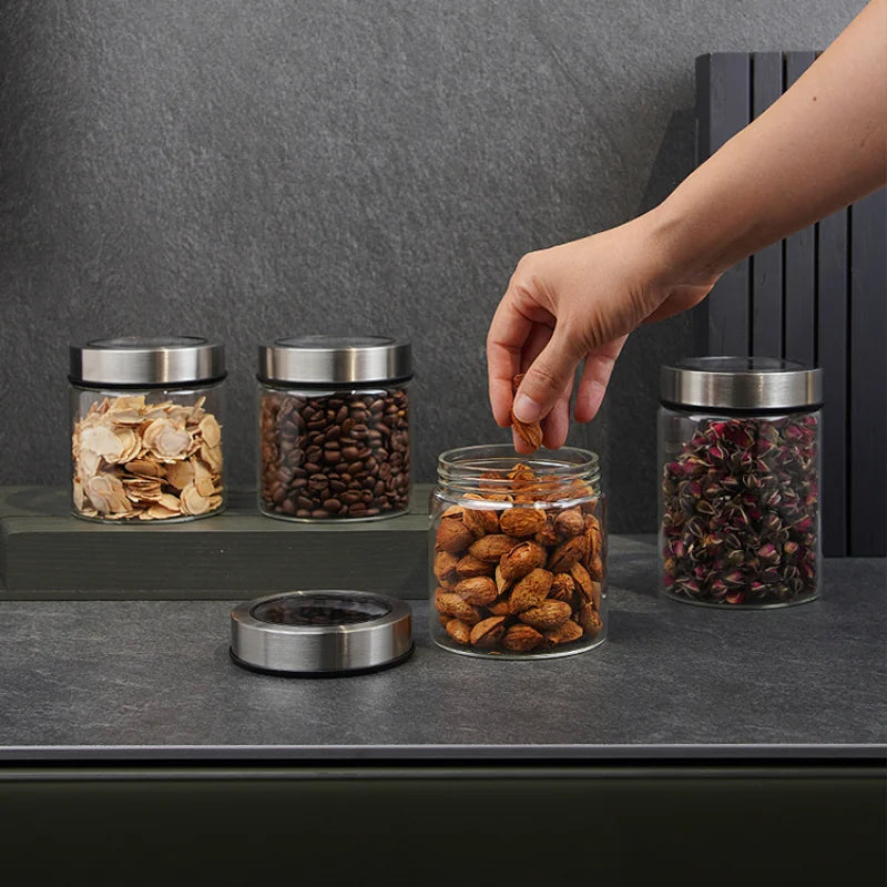 Bocal de rangement en verre transparent européen Bouteille de rangement pour grains de thé et café de cuisine