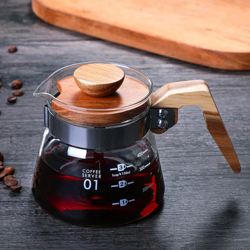 Pichet verseur à café en verre avec poignée en bois, cafetière en verre borosilicaté