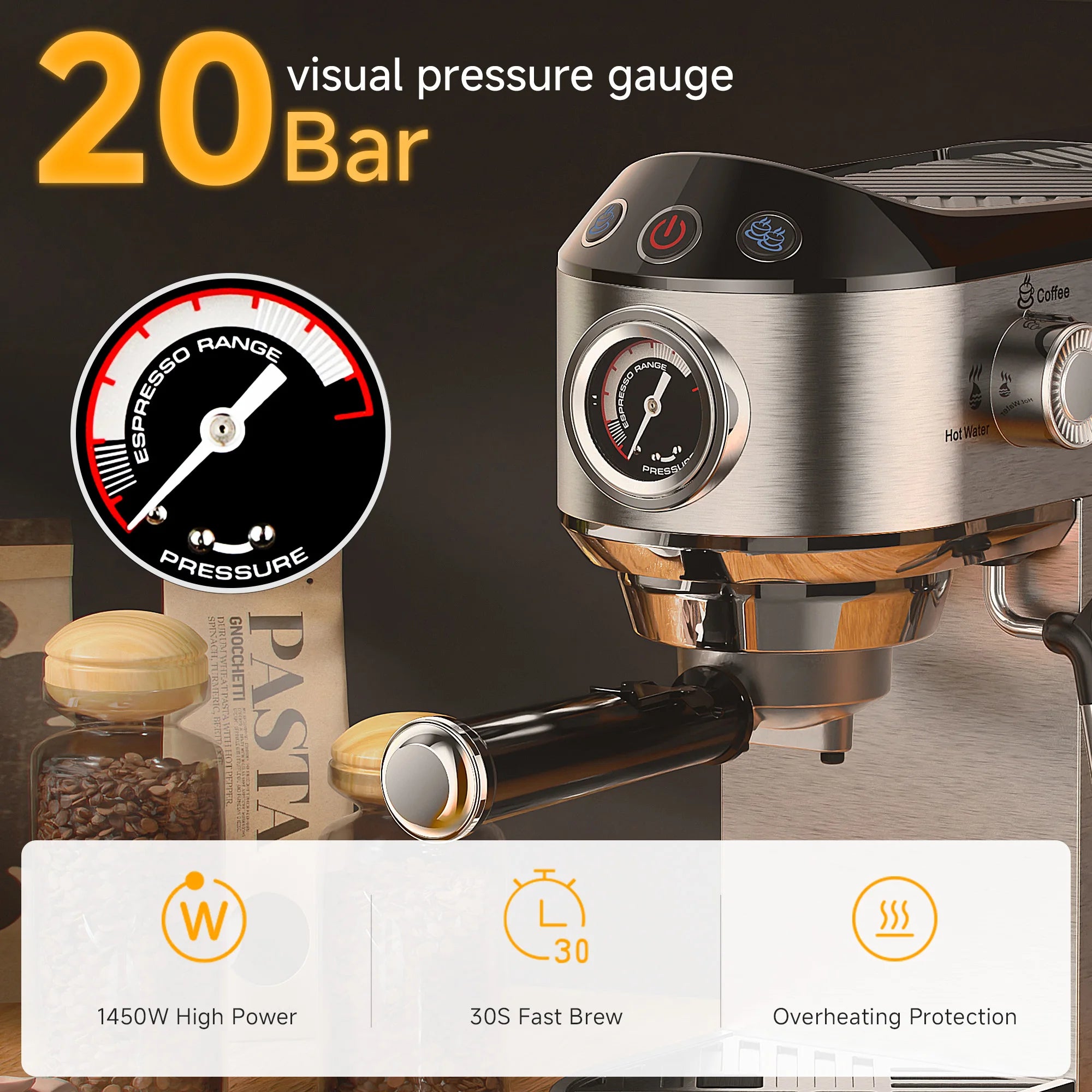 BioloMix Machine à café semi-automatique 20 bars avec buse vapeur pour le lait