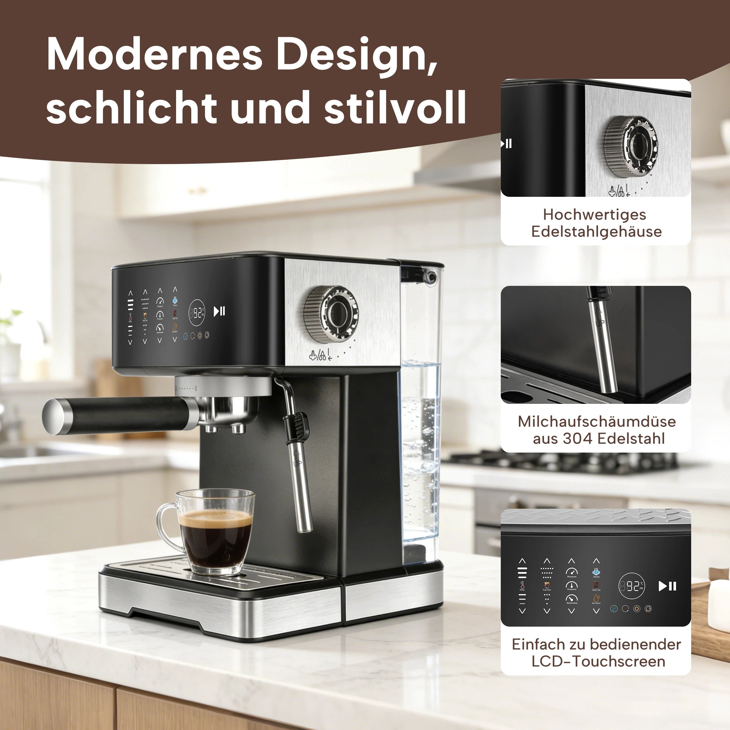 Machine à café expresso 20 bars 1400W avec mousseur à lait et écran tactile