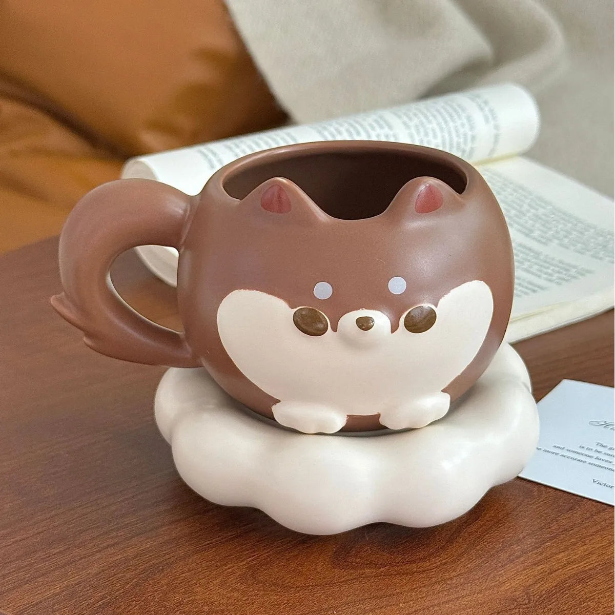 Mug en céramique mignon de Shiba Inu de dessin animé avec couvercle et cuillère, de grande valeur, mignon et amusant