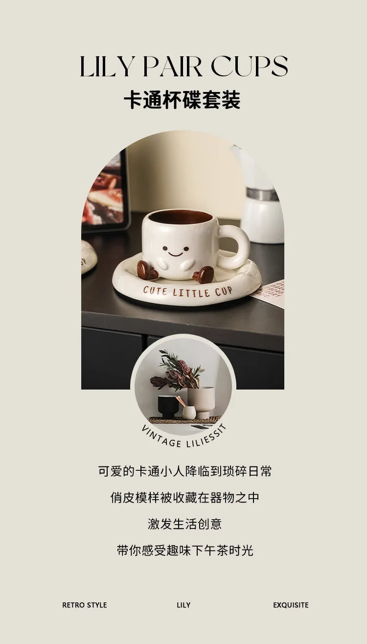 Tasse à café en céramique mignonne avec soucoupe motif smiley dessin animé créatif