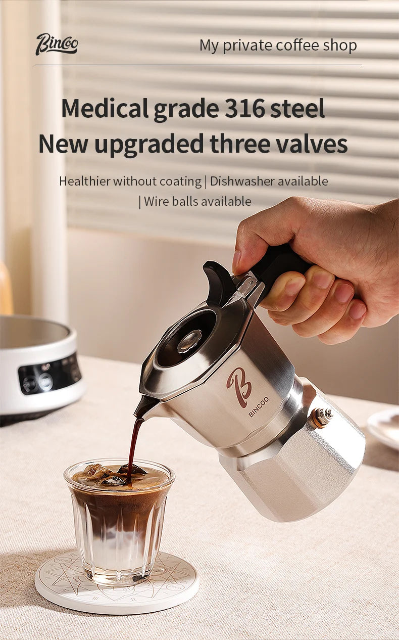 Bincoo Cafetière Mocha à Trois Valves en Acier Inoxydable 316, à Pression Concentrée