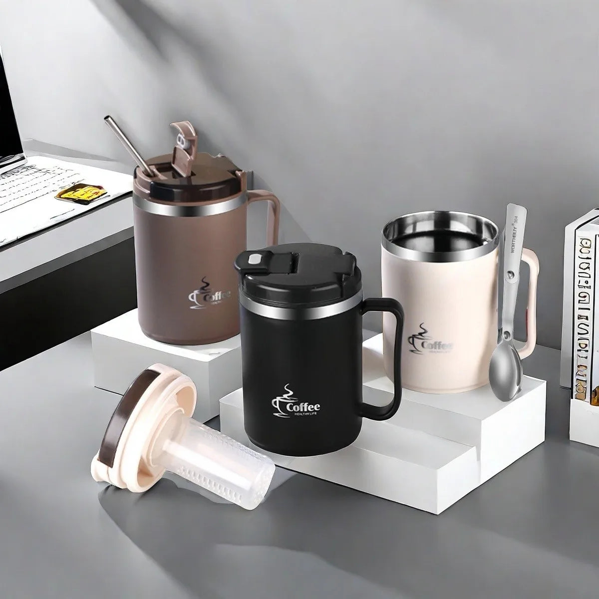 Mug Isotherme avec Cuillère Passoire Portable Grande Capacité Tasse à Café