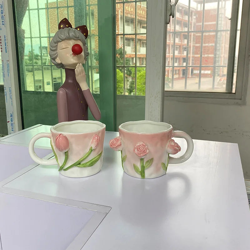 Tasse à café en céramique rose créative en relief motif tulipe pour fille, tasse à fleurs