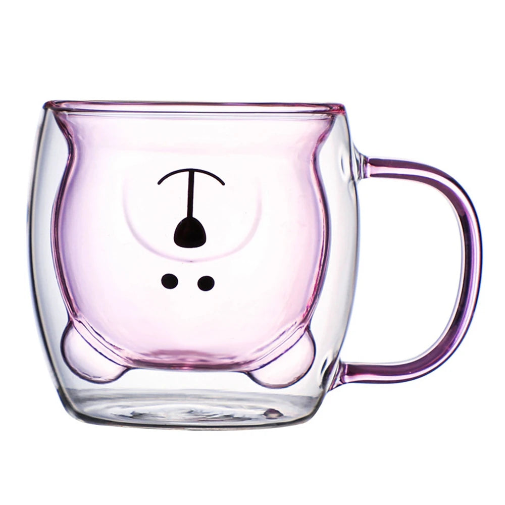 Mug à café double ours mignon avec poignée, tasse transparente mignonne pour lait jus thé