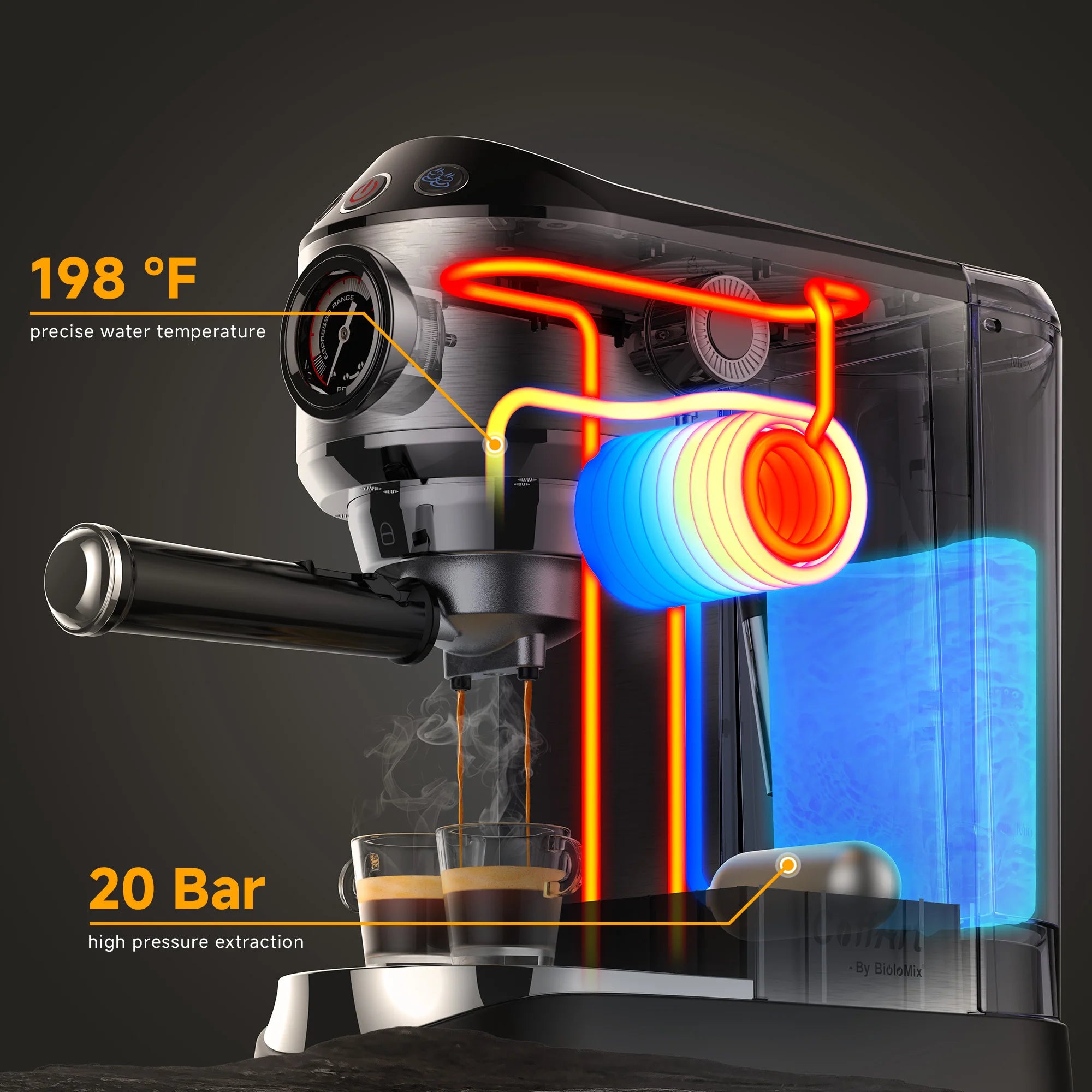 BioloMix 20 Bar Stainless Steel Semi-Automatic Coffee Machine with Milk Frother Wand for Espresso Cappuccino And Powder Coffee