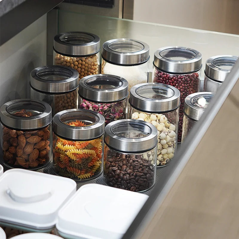 Bocal de rangement en verre transparent européen Bouteille de rangement pour grains de thé et café de cuisine