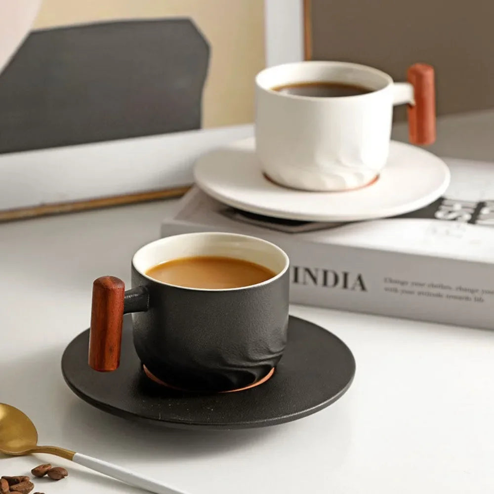Tasse à café rétro en céramique avec filtre, poignée en bois, pour bureau
