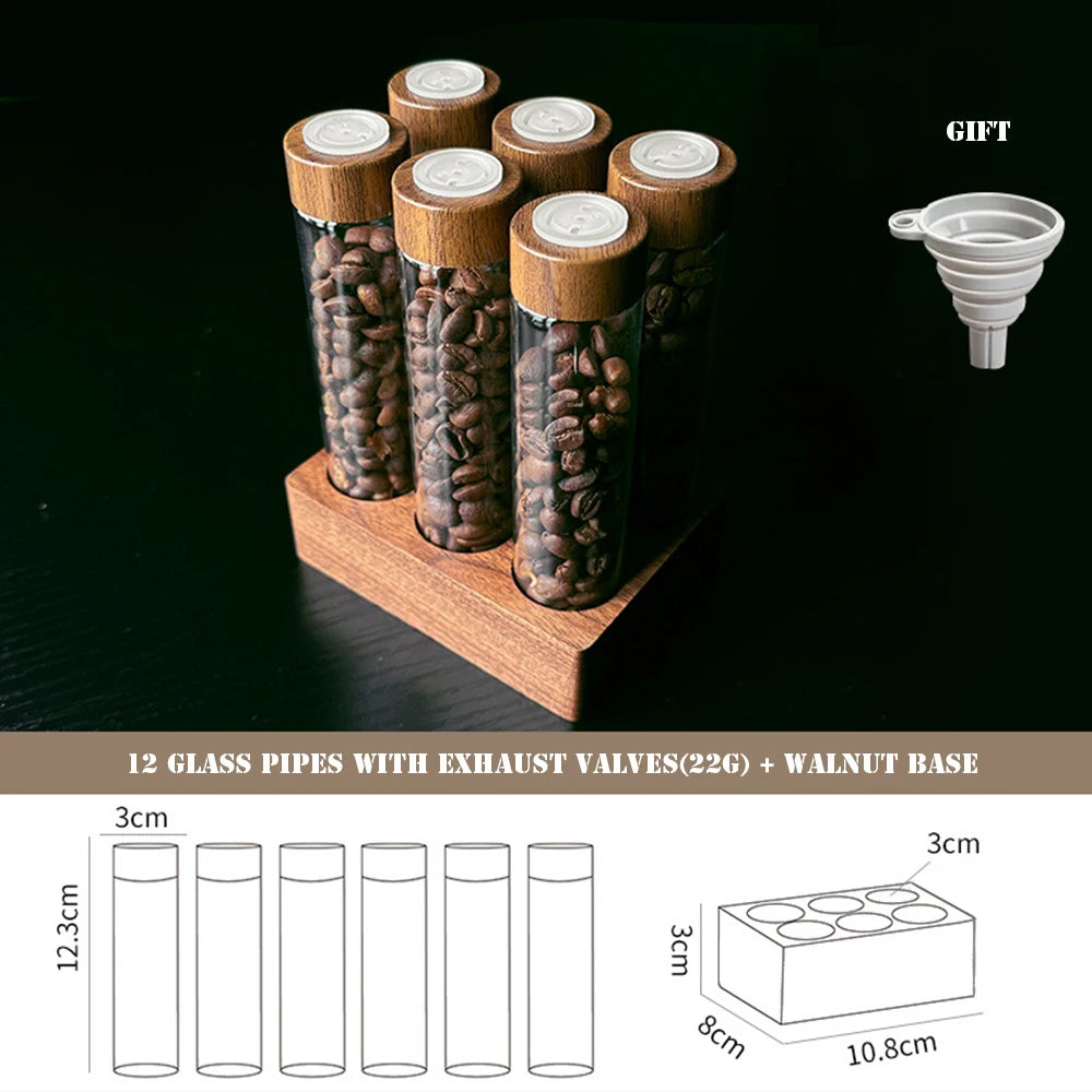 Présentoir de rangement pour grains de café en noyer, tube à thé, bouteille en verre