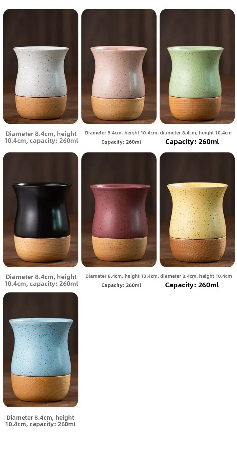 Mug à café vintage en grès avec soucoupe en bois - Céramique artisanale