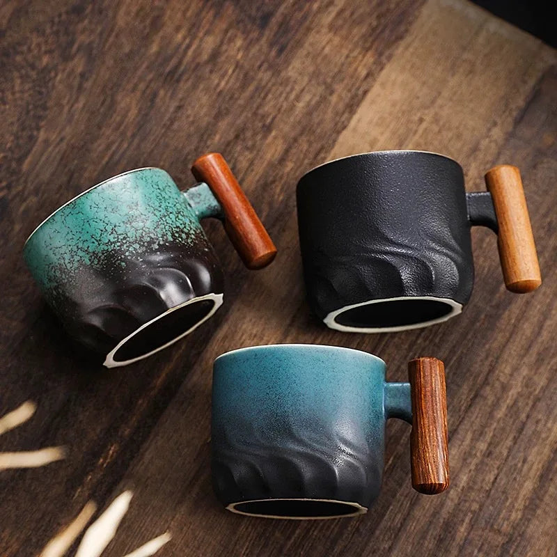 Tasse à café rétro en céramique avec filtre, poignée en bois, pour bureau