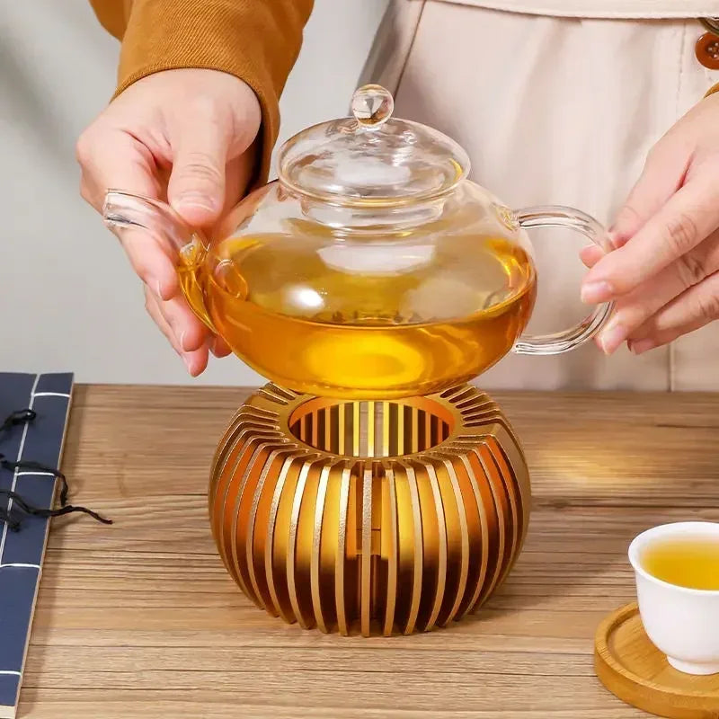 Chauffe-théière en alliage d'aluminium creux doré, chauffe-cafetière à bougie