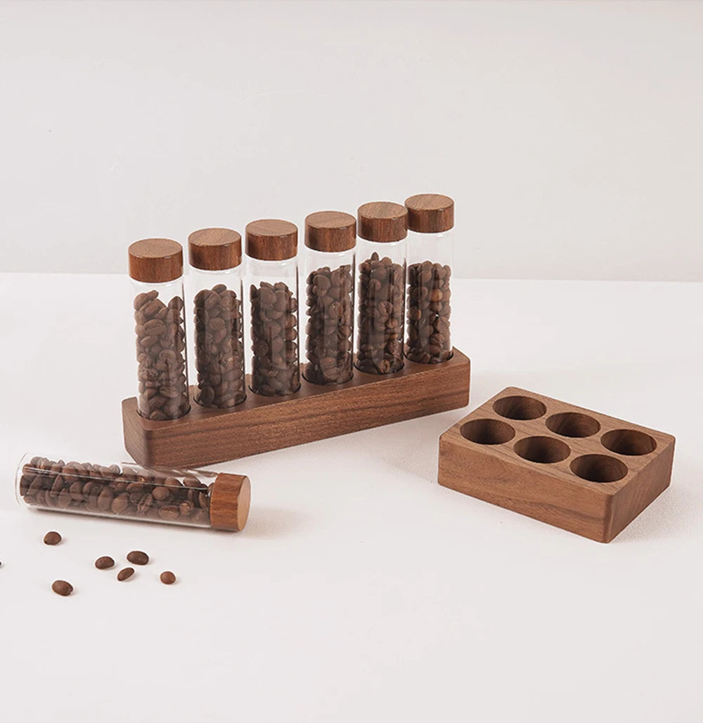 Présentoir de rangement pour grains de café en noyer, tube à thé, bouteille en verre