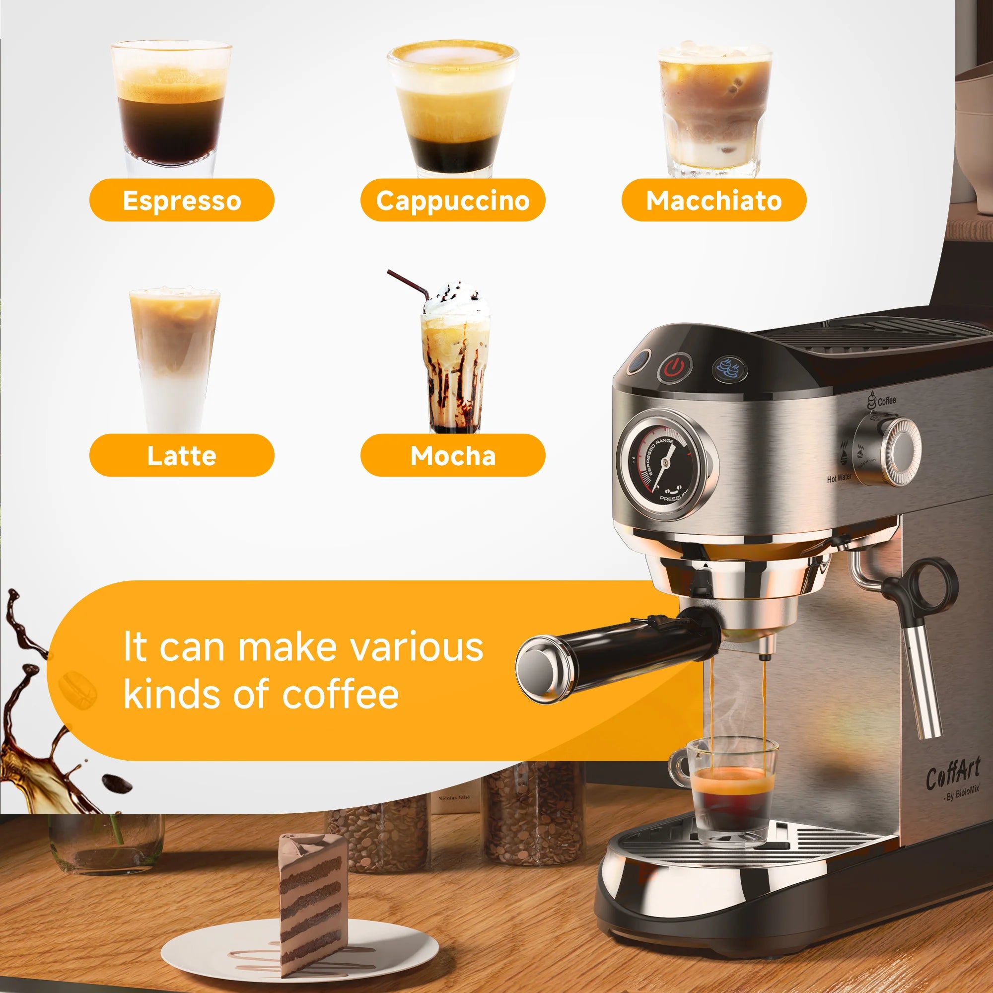 BioloMix 20 Bar Stainless Steel Semi-Automatic Coffee Machine with Milk Frother Wand for Espresso Cappuccino And Powder Coffee
