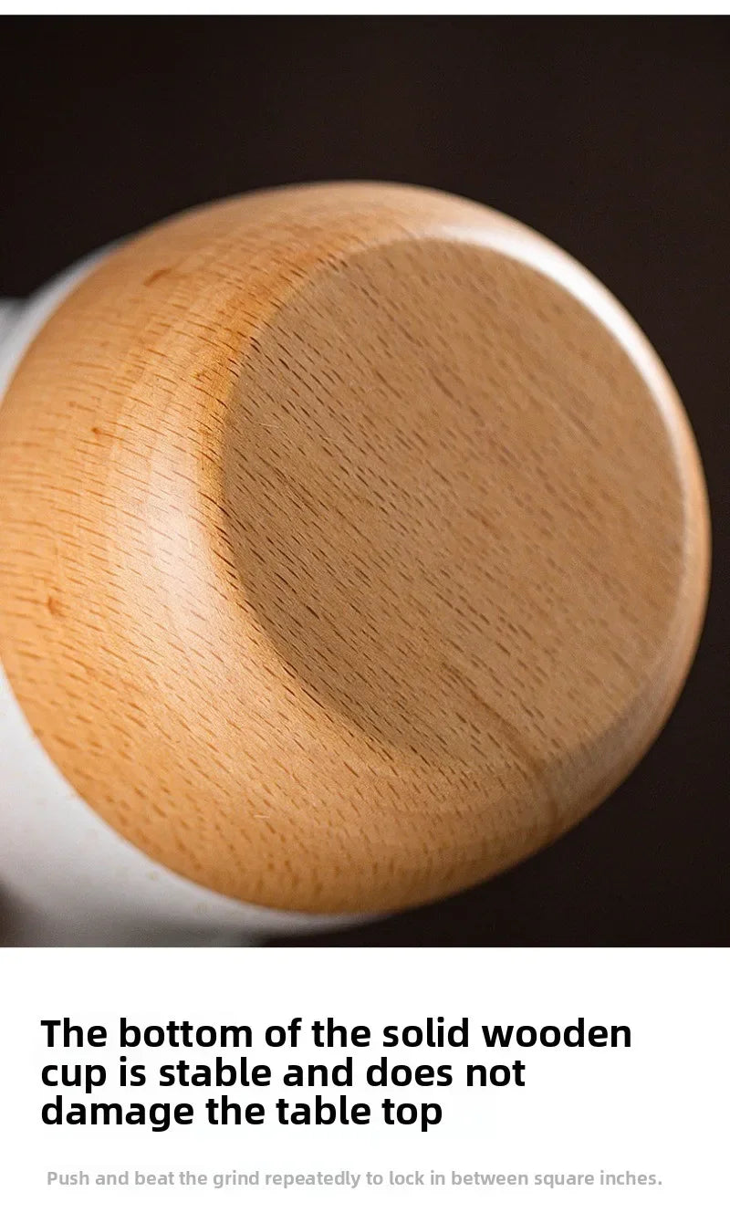 Mug à café vintage en grès avec soucoupe en bois - Céramique artisanale