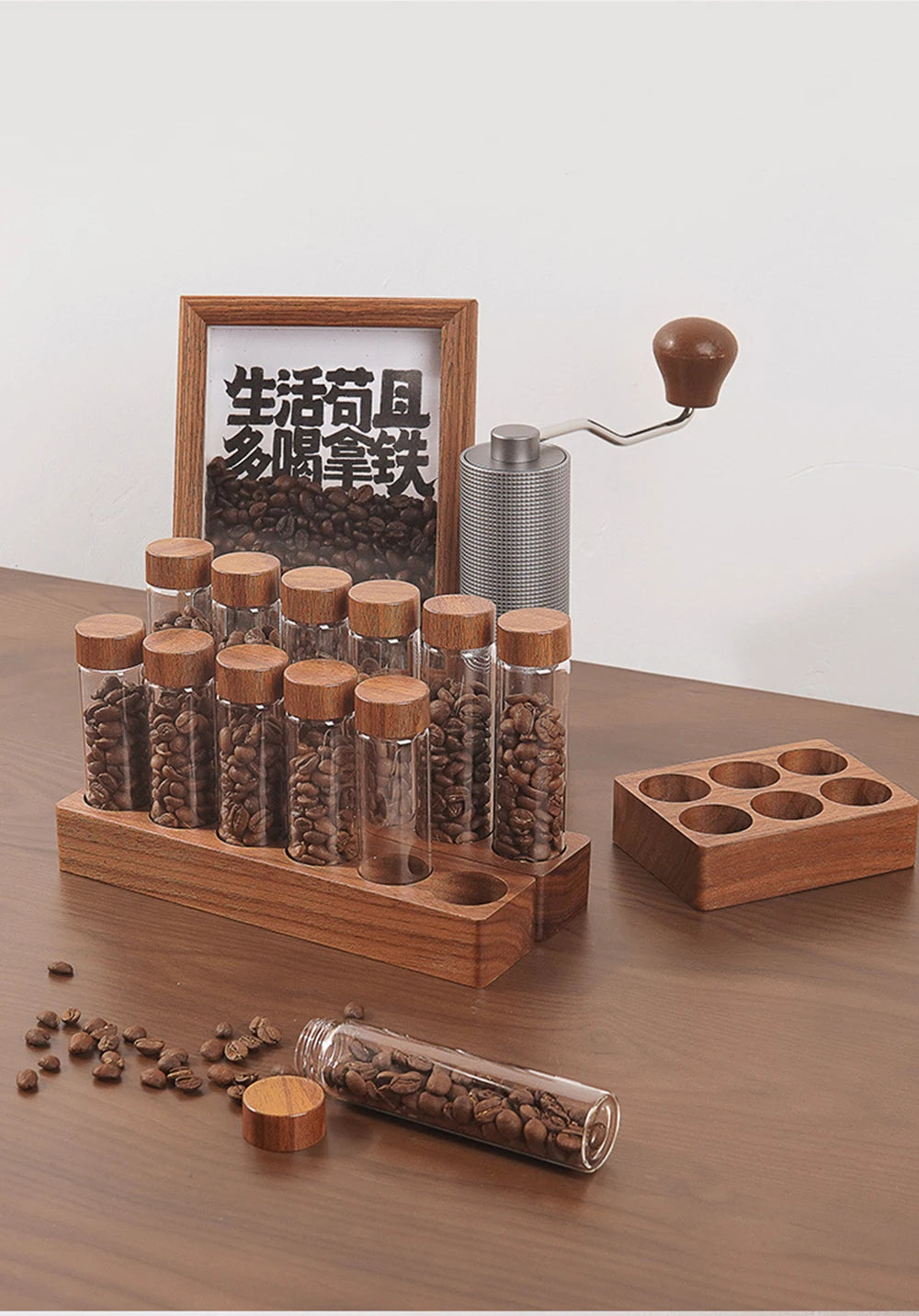 Présentoir de rangement pour grains de café en noyer, tube à thé, bouteille en verre