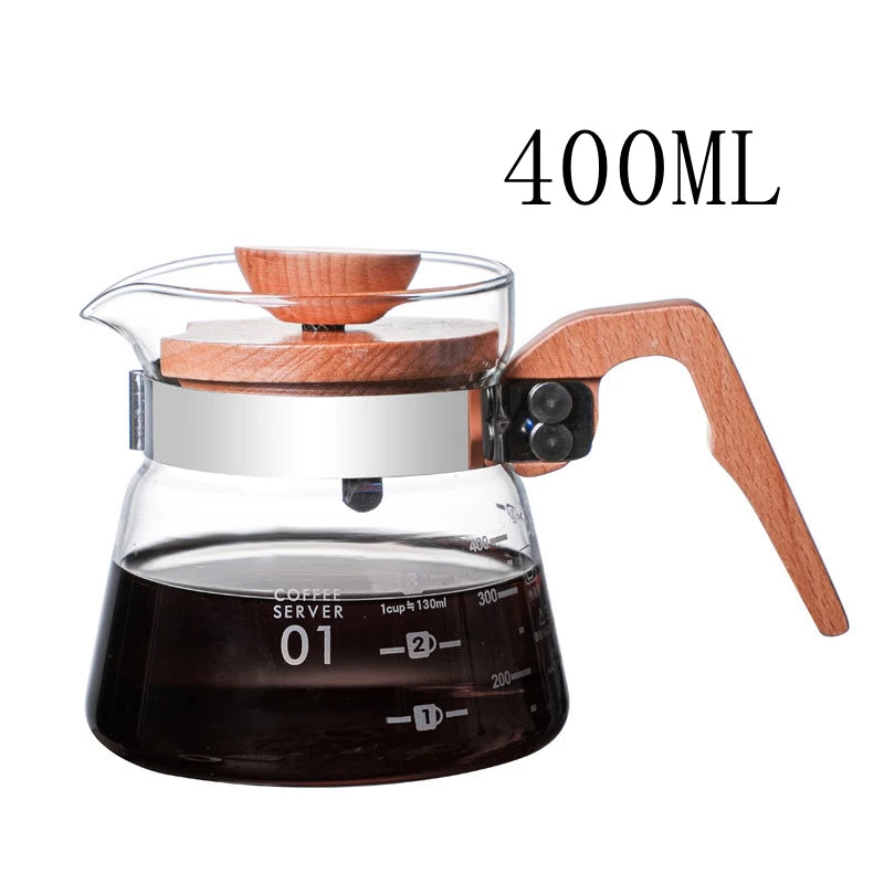 Pichet verseur à café en verre avec poignée en bois, cafetière en verre borosilicaté