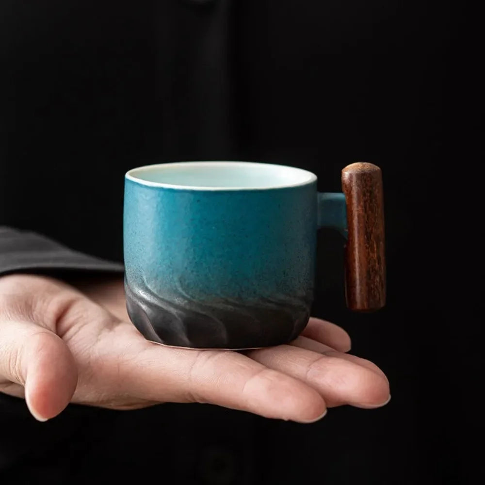 Tasse à café rétro en céramique avec filtre, poignée en bois, pour bureau