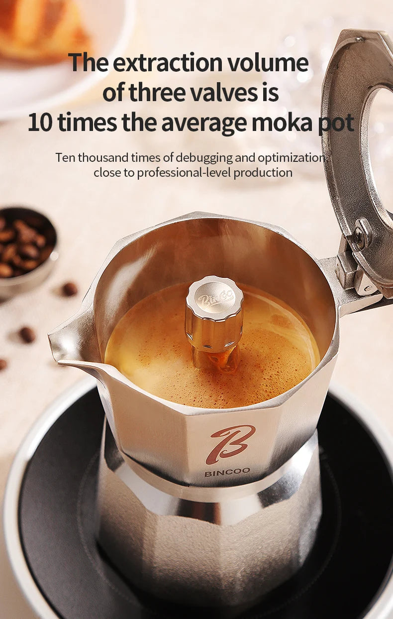 Bincoo Cafetière Mocha à Trois Valves en Acier Inoxydable 316, à Pression Concentrée