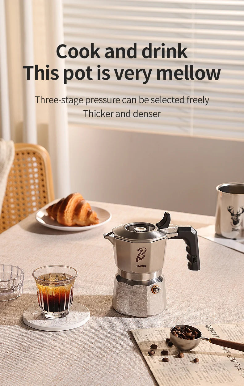 Bincoo Cafetière Mocha à Trois Valves en Acier Inoxydable 316, à Pression Concentrée