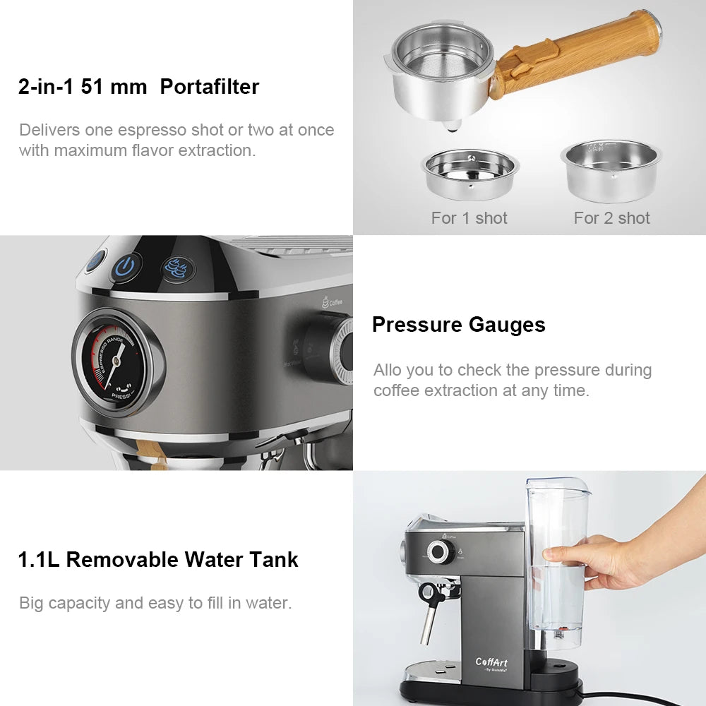 BioloMix Machine à café semi-automatique 20 bars avec buse vapeur pour le lait