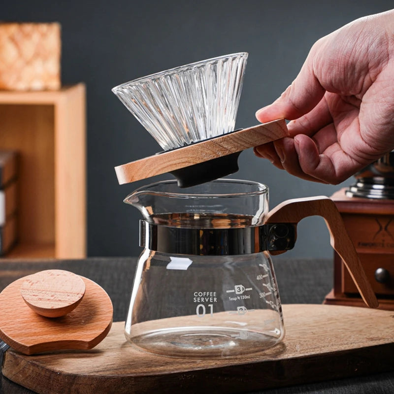 Pichet verseur à café en verre avec poignée en bois, cafetière en verre borosilicaté