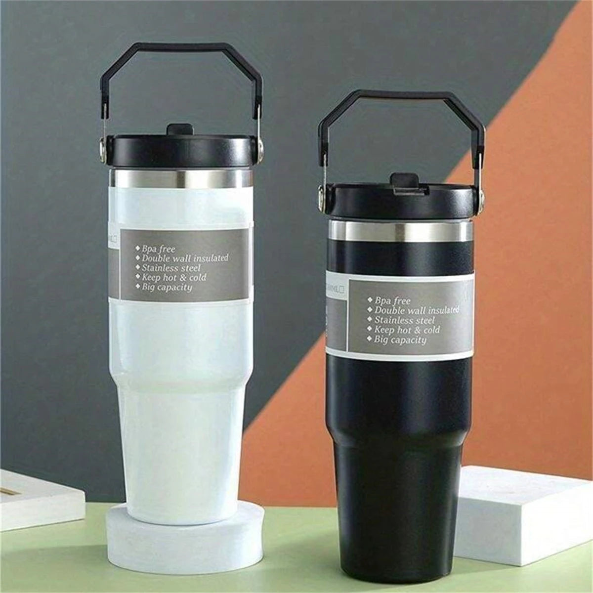 1 gourde isotherme avec couvercle en acier inoxydable, bouteille d'eau portable avec sac de transport