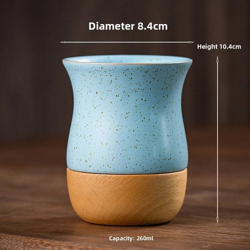 Mug à café vintage en grès avec soucoupe en bois - Céramique artisanale