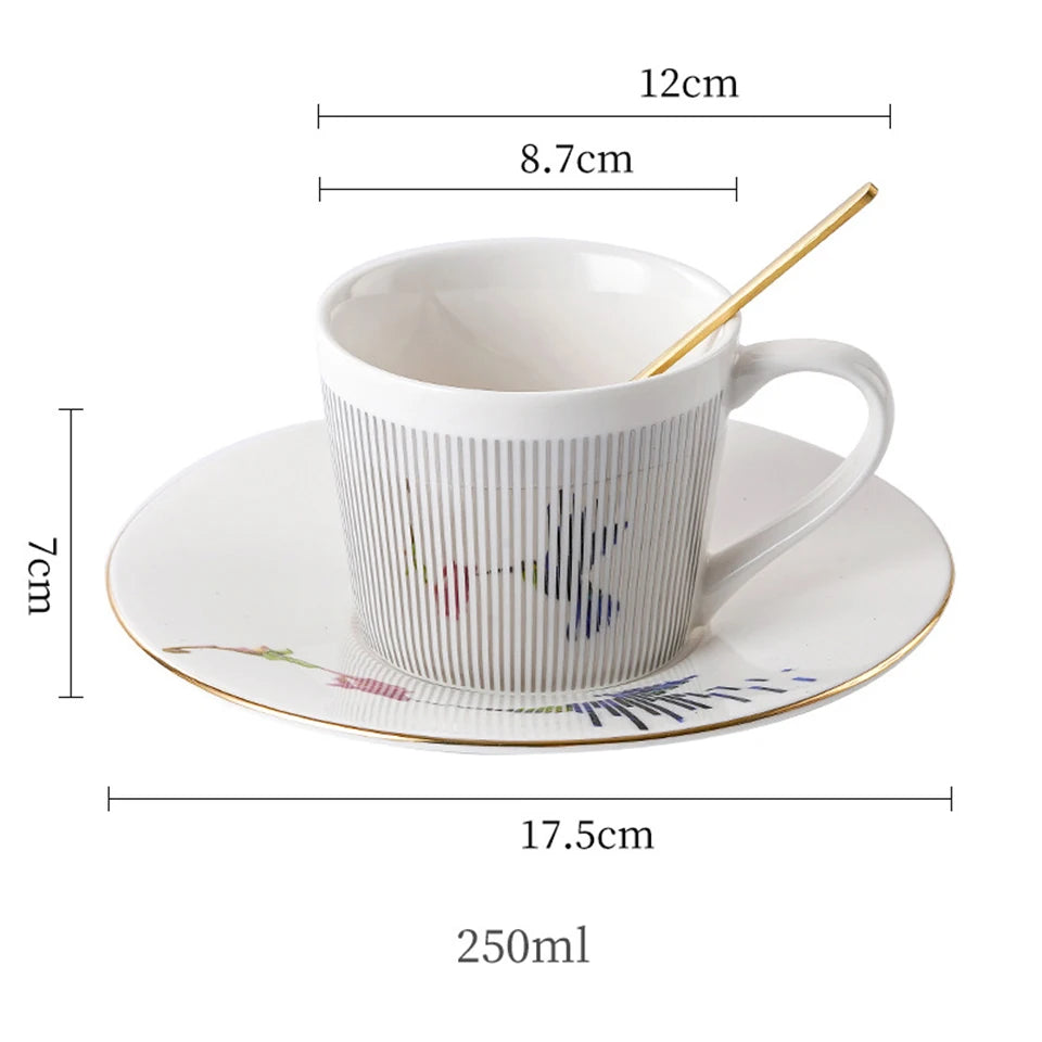 Ensemble tasse à café, soucoupe et plateau en céramique à reflet holographique mobile