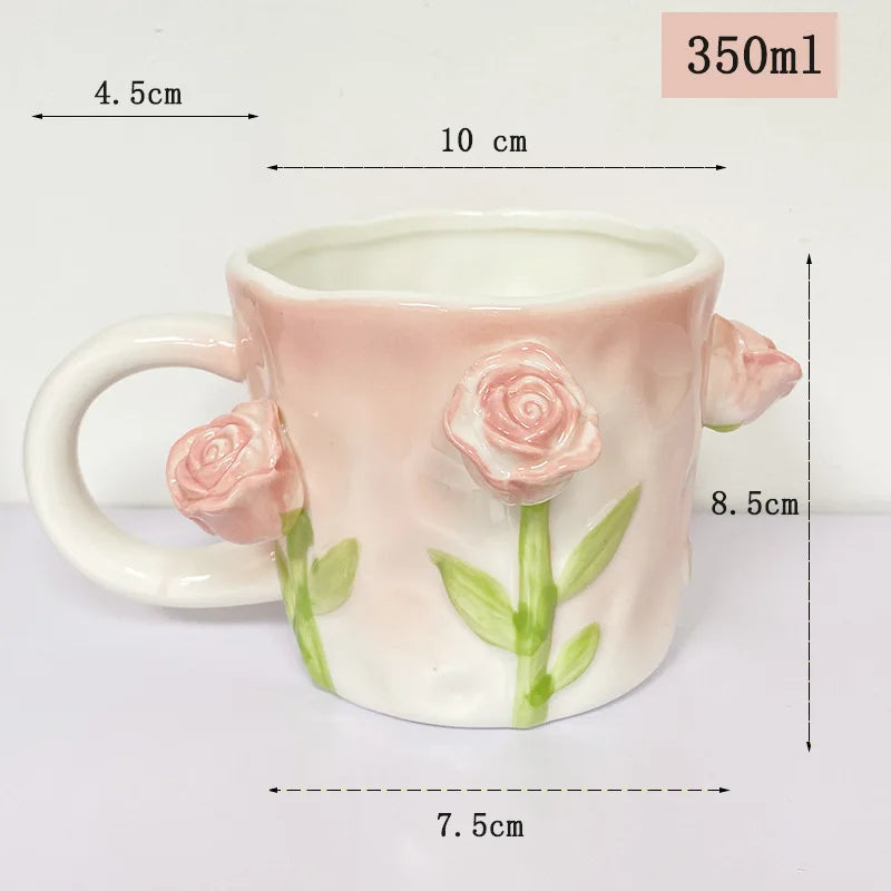 Tasse à café en céramique rose créative en relief motif tulipe pour fille, tasse à fleurs
