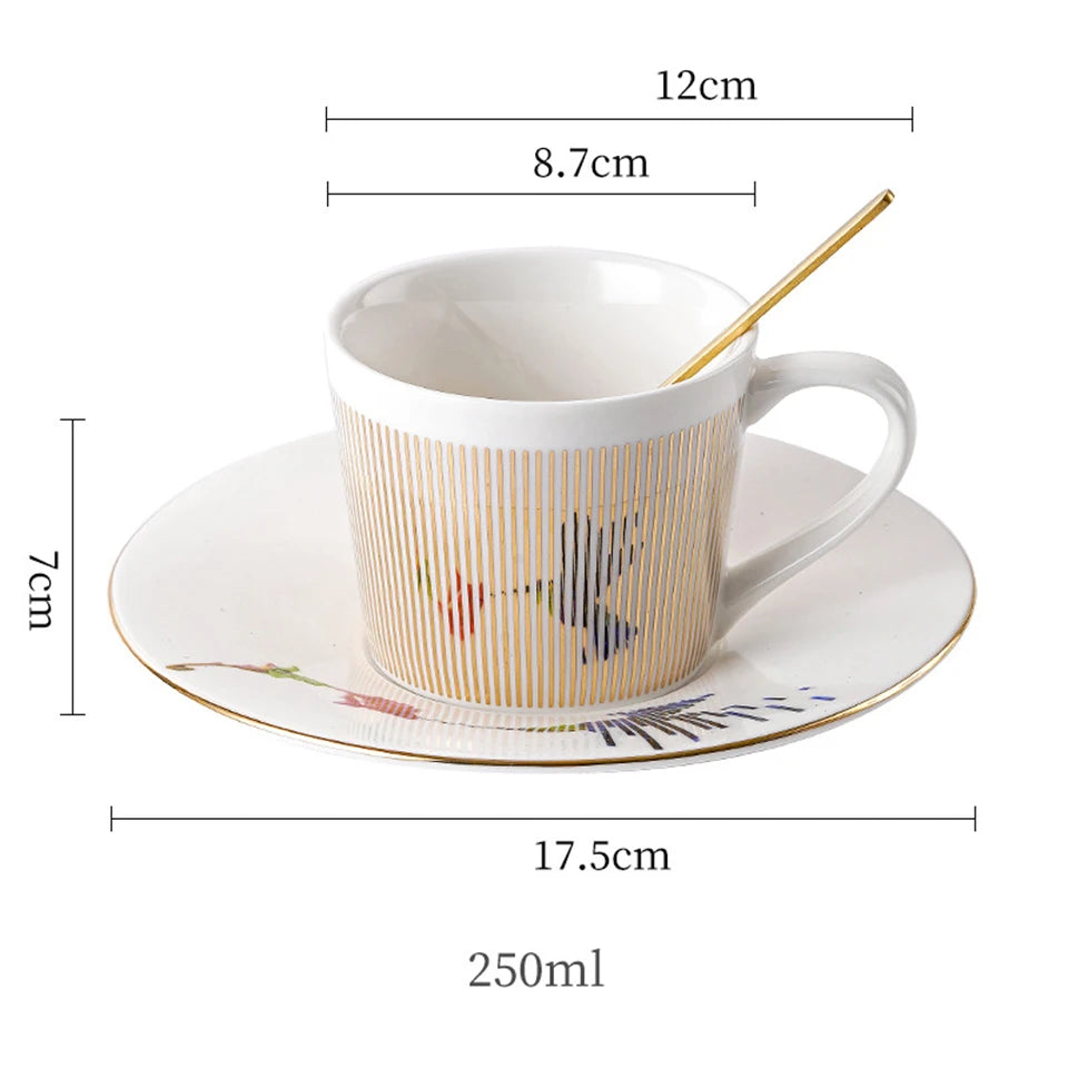 Ensemble tasse à café, soucoupe et plateau en céramique à reflet holographique mobile